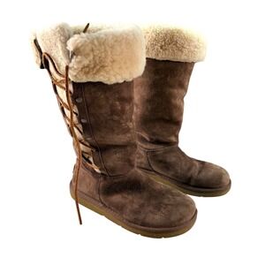 UGG Australia Tall Lace Back Shearling Boots Brown Winter Size 7
